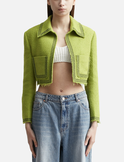 Recto Tara Embroidery Tweed Crop Jacket In Green