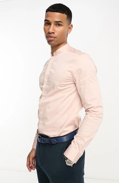 Asos Design Premium Skinny Sateen Shirt With Mandarin Collar In Light Pink