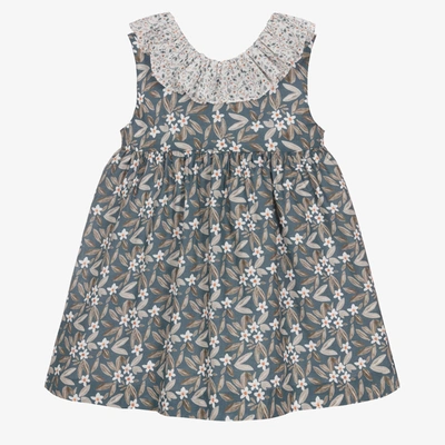 Paloma De La O Kids'  Girls Blue Cotton Floral Dress