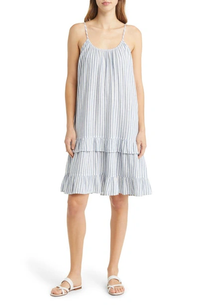 Caslon Stripe Ruffle Linen Blend Dress In Blue- Ivory Brianne Stripe