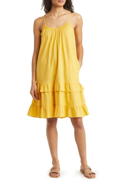 Caslon Stripe Ruffle Linen Blend Dress In Yellow Cream