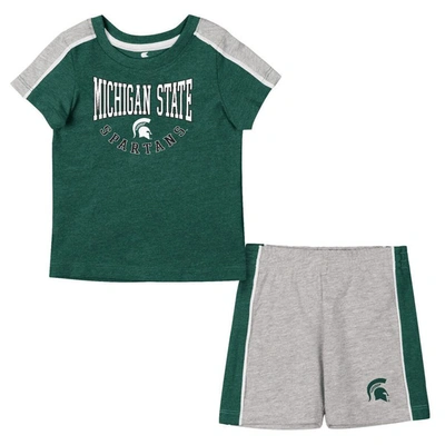 Colosseum Babies' Infant Boys And Girls  Green, Heather Grey Michigan State Spartans Norman T-shirt And Short In Green,heather Grey