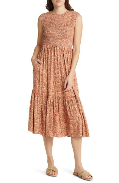 Treasure & Bond Smocked Sleeveless Midi Dress In Orange Dense Delia