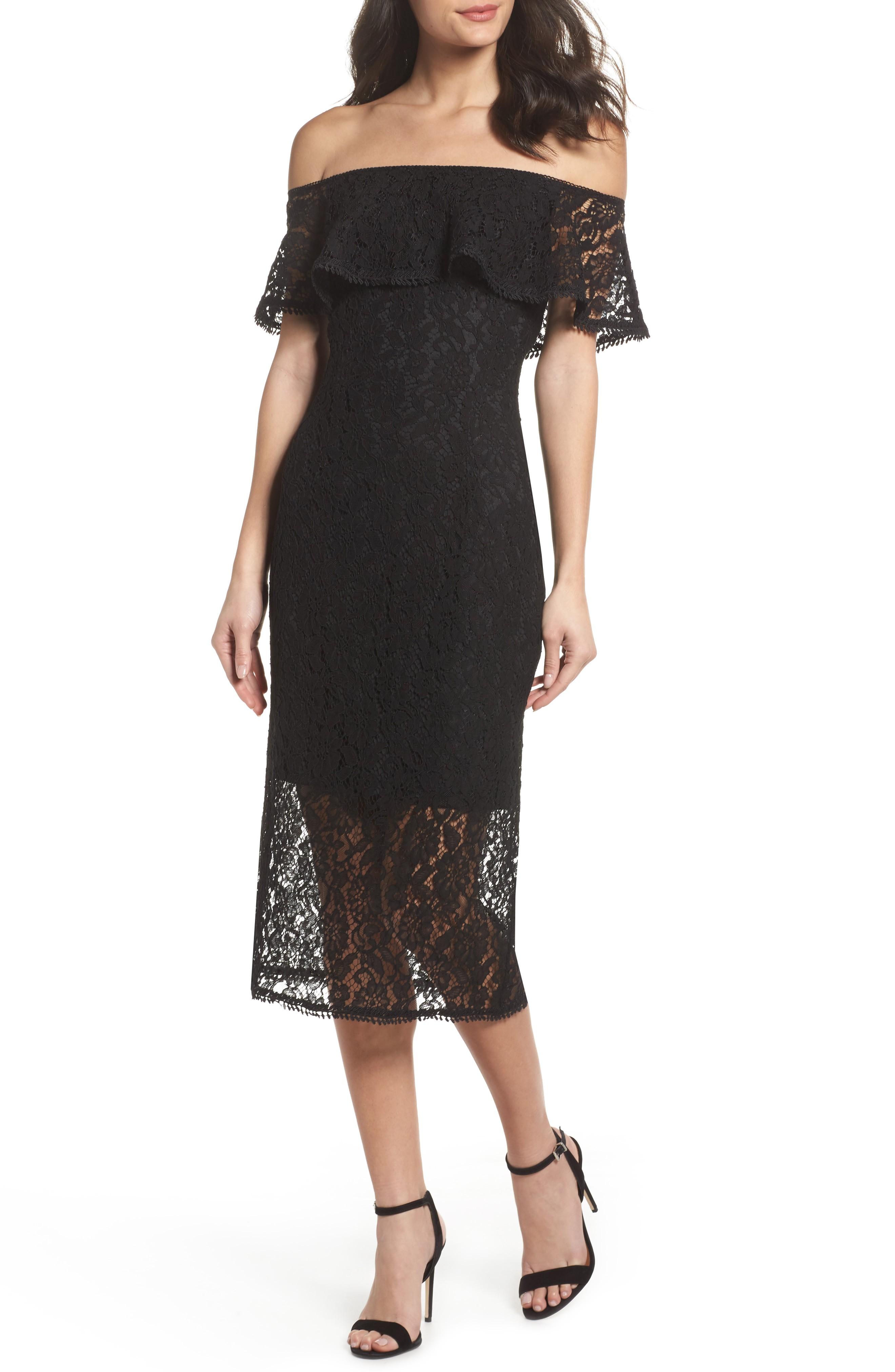 Nsr Lace Off The Shoulder Midi Dress In Black | ModeSens