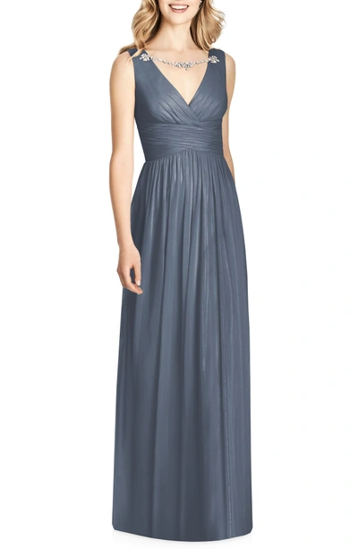 Jenny Packham Crystal Applique Chiffon A-line Gown In Silverstone