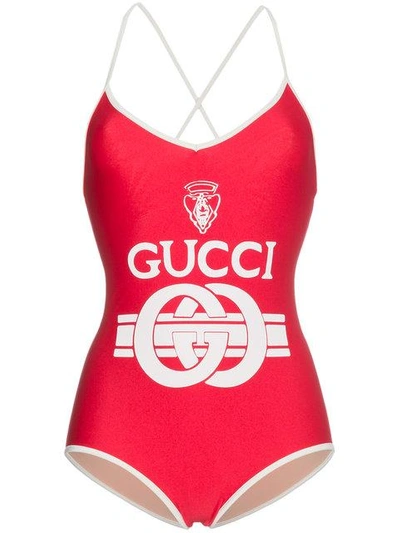 Gucci Interlocking Logo Print Swimsuit In Red