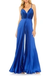 Ieena For Mac Duggal Pleated Plunge Neck Wide Leg Jumpsuit In Royal