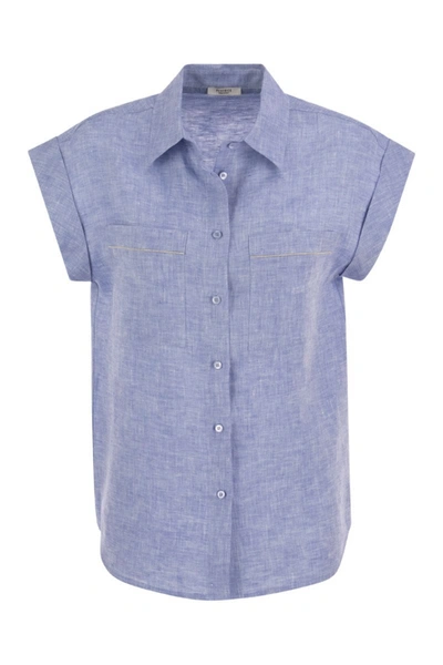 Peserico Linen Sleeveless Shirt In Light Blue