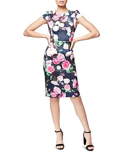 Betsey Johnson Floral-print Scuba Sheath Dress In Navy/pink