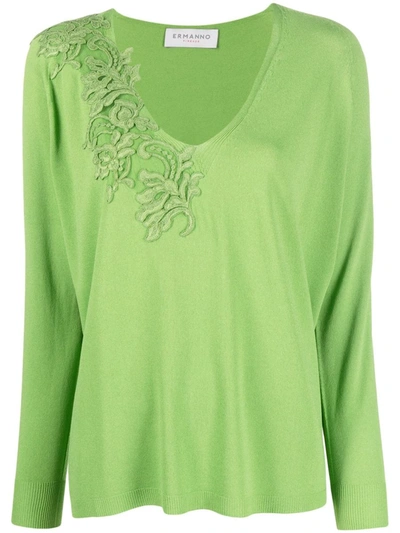 Ermanno Firenze Lace-detail Knitted Jumper In Verde Fava
