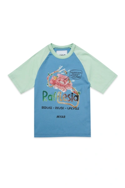 Myar Kids' Two-tone Blue And Green Deadstock Fabric Crew-neck T-shirt With Rafflesia Digital Print