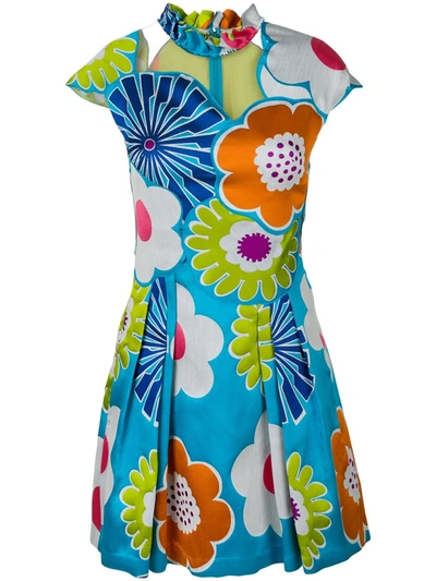 Talbot Runhof Floral Cap Sleeved Dress In Blue