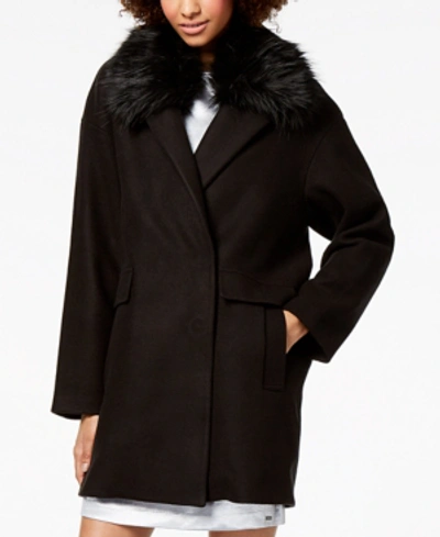 Armani Exchange Faux-fur-collar Coat In Black