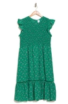 Melrose And Market Smocked Flutter Sleeve Midi Dress In Green Dot Daisy