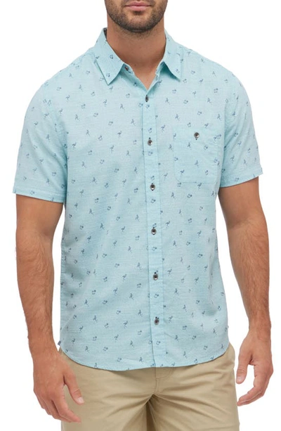 Flag And Anthem Woodbine Flamingo Print Short Sleeve Button-up Shirt In Mint