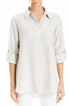 Max Studio Stripe Oversize Long Sleeve Button-up Tunic In Taupe/ Blk Framed Stripe