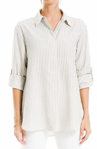 Max Studio Stripe Oversize Long Sleeve Button-up Tunic In Taupe/ Blk Framed Stripe