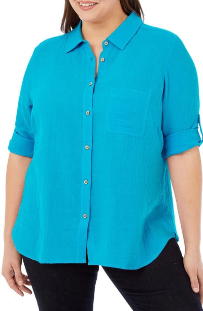 Foxcroft Tamara Cotton Gauze Button-up Shirt In Oceanside