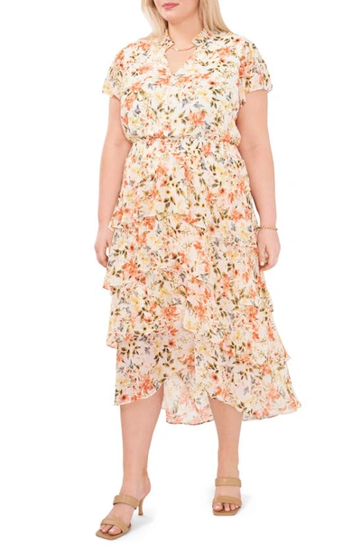 1.state Smocked Ruffle Tiered Midi Dress In White