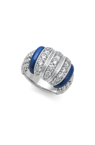 Lagos Sterling Silver Diamond & Ceramic Blue Caviar Ring In Blue/white