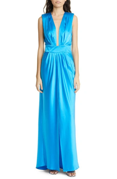 Ramy Brook Quinn Plunge Neck Satin Gown In Lake