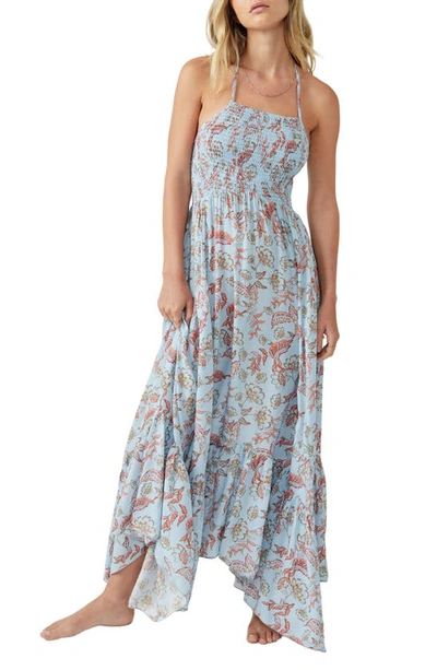 Free People Heat Wave Floral Print High/low Dress In Robins Egg Combo