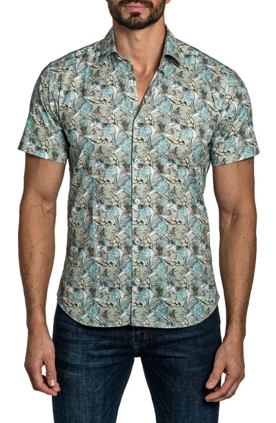 Jared Lang Trim Fit Tropical Print Short Sleeve Cotton Button-up Shirt In Off White Floral