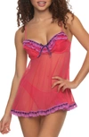 Black Bow 'ruffles Galore' Underwire Chemise & Hipster Briefs In Rouge Red