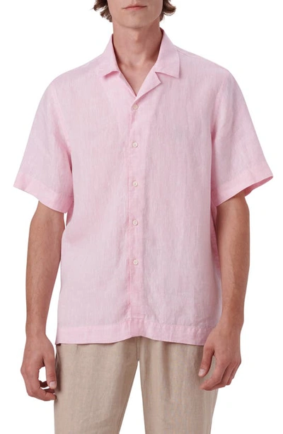 Bugatchi Shaped Fit Short Sleeve Linen Button-up Camp Shirt In Pink