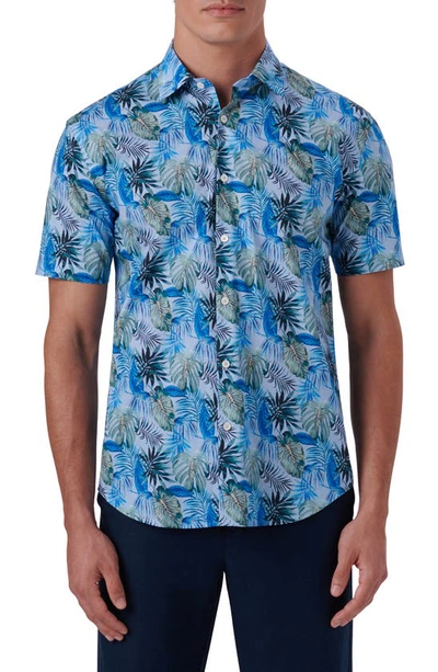 Bugatchi Shaped Fit Print Stretch Cotton Short Sleeve Button-up Shirt In Sky