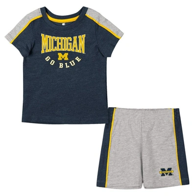 Colosseum Babies' Infant Boys And Girls  Navy, Heather Gray Michigan Wolverines Norman T-shirt And Shorts Set In Navy,heather Gray