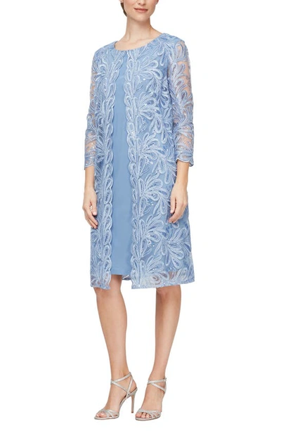 Alex Evenings Embroidered Mock Jacket Cocktail Dress In Periwinkle