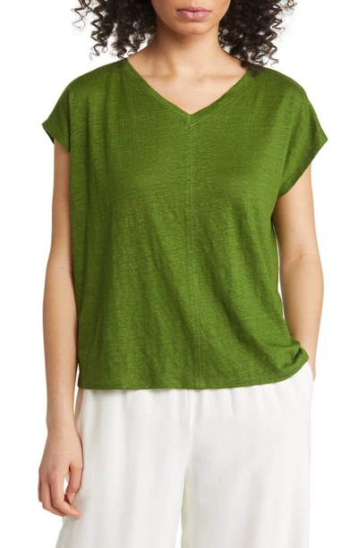 Eileen Fisher V-neck Short-sleeve Organic Linen Tee In Field