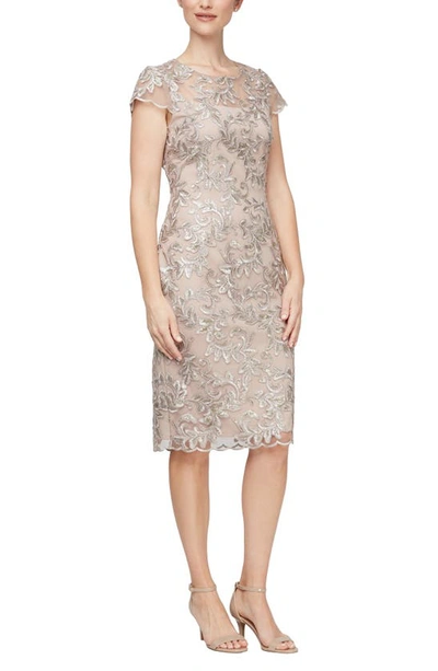 Alex Evenings Embroidered Illusion Yoke Sequin Sheath Dress In Taupe