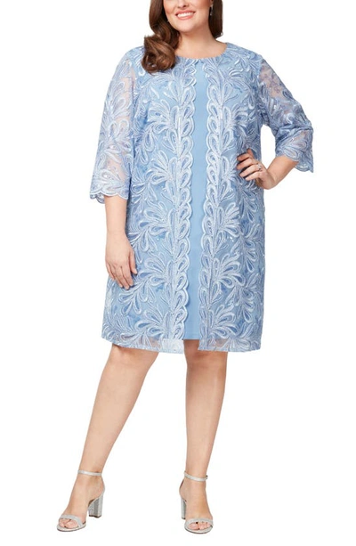 Alex Evenings Embroidered Mock Jacket Cocktail Dress In Periwinkle