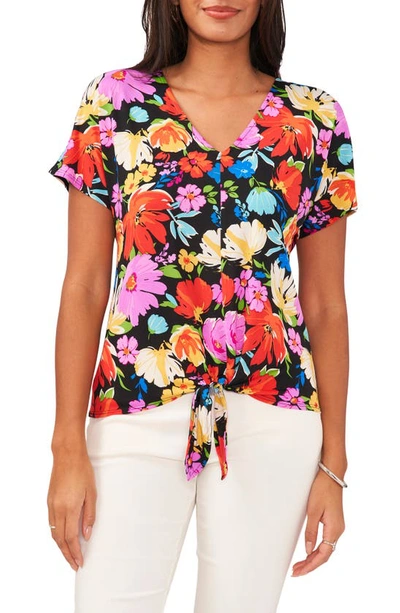Chaus Floral V-neck Tie Front Top In Black