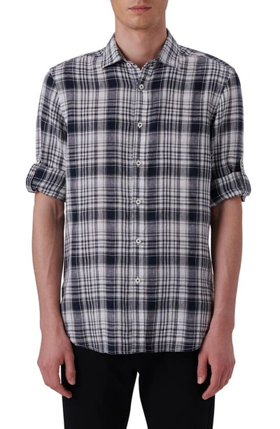 Bugatchi Shaped Fit Plaid Linen Button-up Shirt In Black
