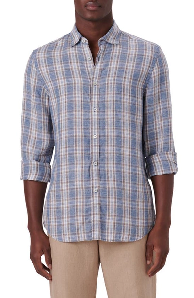 Bugatchi Shaped Fit Plaid Linen Button-up Shirt In Indigo