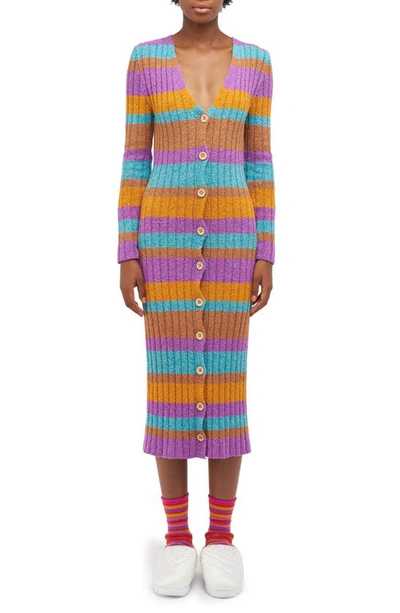 The Elder Statesman June Stripe Cotton Blend Rib Duster Cardigan In Multicolor