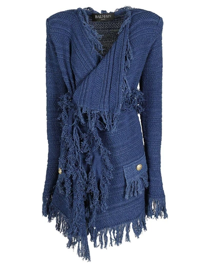 Balmain Frayed Cotton-knit Mini Dress In Blu