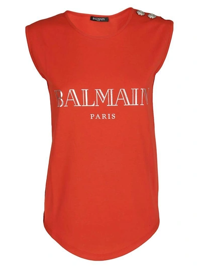 Balmain Logo-print Sleeveless Cotton-jersey Top In Rouge