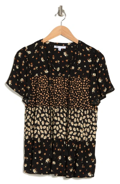 Dr2 By Daniel Rainn Floral Keyhole Tiered Peasant Top In M761 Black/ Rust