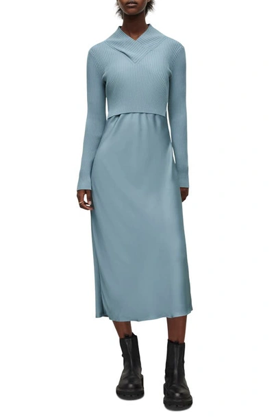 Allsaints Hana Mixed Media Long Sleeve Dress In Blue Slate
