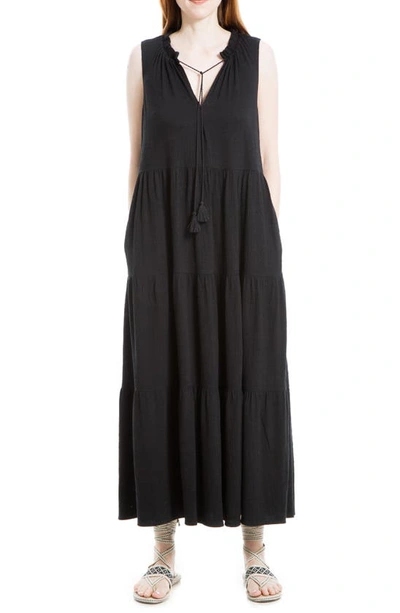 Max Studio Tie Neck Tiered Jersey Maxi Dress In Black-black | ModeSens