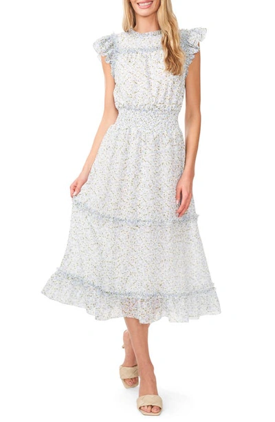 Cece Floral Flutter Sleeve Midi Dress In New Ivory