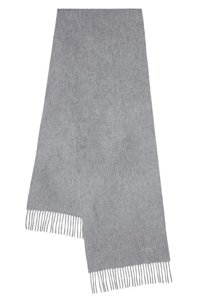 Mulberry Embroidered Logo Fringe Trim Cashmere Scarf In Light Grey Melange