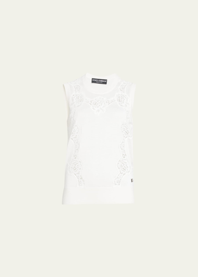 Dolce & Gabbana Knit Tank Top With Lace Inset Detail In White Lace