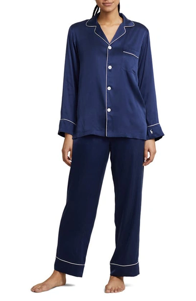 Polo Ralph Lauren Laurel Stretch Silk Long Sleeve Pajama Set In Navy
