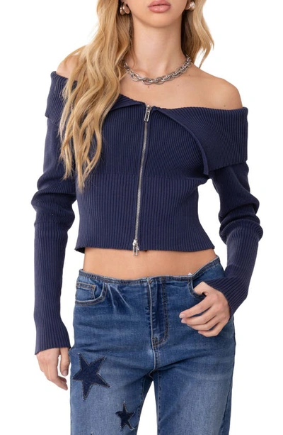Edikted Double Zip Fold Over Off The Shoulder Crop Sweater In Blue