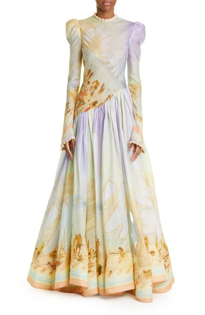 Zimmermann Tama Bias Long Sleeve Gown In Poster Print